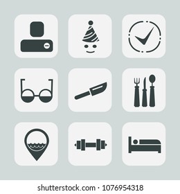 Premium set of fill icons. Such as social, eyeglasses, travel, happiness, business, equipment, fork, optical, lens, restaurant, gym, celebration, holiday, eye, costume, job, location, yes, user, fun
