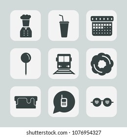 Premium set of fill icons. Such as restaurant, web, cup, sign, schedule, train, doughnut, drop, pie, kitchen, transport, day, map, drink, telephone, call, communication, juice, fashion, style, food