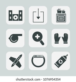 Premium set of fill icons. Such as sound, object, button, cooking, white, space, arrow, rocket, audio, downloading, download, spaceship, game, clean, glove, gadget, craft, food, whistle, watch, zoom
