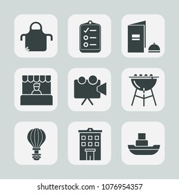 Premium set of fill icons. Such as apron, projector, pinafore, clothing, video, meat, paper, market, sky, list, food, ocean, cook, business, brochure, jump, checklist, chef, boat, ship, equipment, sea