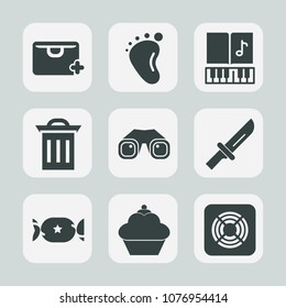 Premium set of fill icons. Such as cake, love, foot, dessert, sweet, cute, note, equipment, business, sale, bag, garbage, infant, trash, dinner, lollipop, binocular, doughnut, clef, air, mother, fork