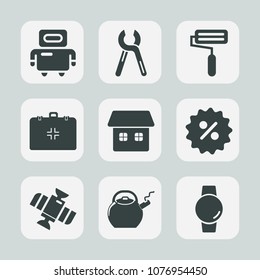Premium set of fill icons. Such as kettle, science, tool, roller, kitchen, gadget, watch, machine, construction, future, service, percent, home, robotic, digital, real, station, cyborg, health, paint