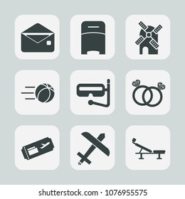 Premium set of fill icons. Such as message, bedroom, communication, aircraft, mill, snorkel, travel, sport, interior, wind, football, sea, email, electricity, home, white, house, furniture, flight