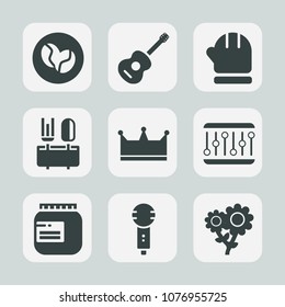 Premium set of fill icons. Such as flower, guitar, glass, song, spoon, meal, mittens, concert, warm, music, concept, crown, season, menu, sound, musical, gloves, caffeine, jar, coffee, kitchen, drink