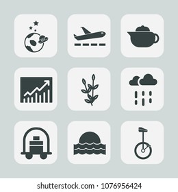 Premium set of fill icons. Such as circus, exploration, science, luggage, business, hot, hotel, sunrise, trend, galaxy, departure, space, tea, airport, bike, water, agriculture, travel, baggage, wheat