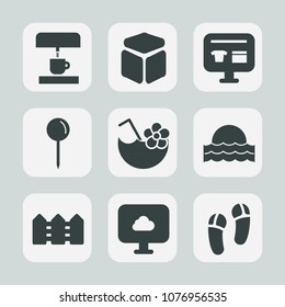Premium set of fill icons. Such as pin, sky, cloud, landscape, party, coffee, machine, alcohol, equipment, ice, cart, glass, location, sale, cube, money, sunrise, fence, juice, drink, footwear, sign
