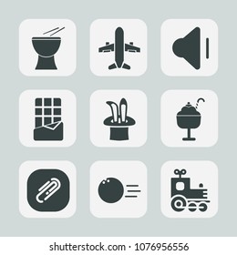 Premium set of fill icons. Such as concert, star, dessert, drum, audio, white, volume, airplane, up, magician, ball, chocolate, instrument, sport, dark, candy, wand, cream, music, food, flight, paper