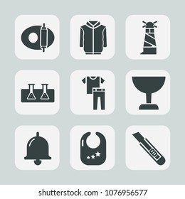 Premium set of fill icons. Such as pot, shirt, biology, science, alarm, white, blue, bell, sea, water, tower, test, fashion, collection, jacket, laboratory, style, baby, light, ring, kitchen, food