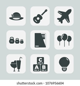 Premium Set Of Fill Icons. Such As Child, Decoration, Rock, Transportation, Light, Birthday, Sign, Flight, Musical, Measurement, Toy, Ice, Object, Weight, Cream, Hat, Document, Idea, Kid, File, Food