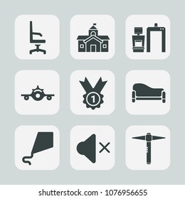 Premium set of fill icons. Such as kite, equipment, joy, sound, sky, couch, exterior, winner, house, mute, fun, building, aircraft, university, diagnostic, transportation, comfortable, room, travel
