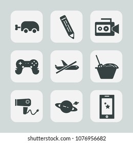 Premium set of fill icons. Such as video, web, camcorder, game, equipment, chinese, pram, baby, office, carriage, display, movie, communication, care, child, flight, plane, media, airplane, food, film