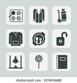 Premium set of fill icons. Such as science, protection, gas, shipping, lollipop, security, outfit, food, transportation, hot, table, box, cook, notebook, clothing, page, research, woman, delivery, kid