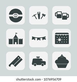 Premium set of fill icons. Such as doughnut, object, car, hammer, timetable, day, repair, cake, ball, child, happy, flag, foam, tower, technology, drink, alcohol, calendar, mug, pub, childhood, wrench