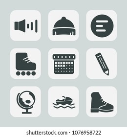 Premium set of fill icons. Such as sound, sign, map, headwear, calendar, application, audio, speaker, sport, fun, cap, fashion, timetable, vessel, time, globe, schedule, ocean, head, interface, skate