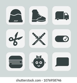 Premium set of fill icons. Such as footwear, bubble, paper, wear, ninja, warrior, childhood, baby, transport, snack, style, cut, japanese, traditional, headwear, truck, cheeseburger, talk, cap, child