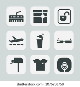Premium set of fill icons. Such as keyboard, radio, clothing, unlock, safety, instrument, safe, present, white, padlock, airport, musical, cup, gift, mail, protection, microphone, drink, black, bow