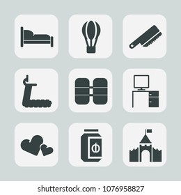 Premium set of fill icons. Such as desk, treadmill, castle, bedroom, medieval, work, glass, jam, home, travel, cylinder, bed, romance, hot, flight, restaurant, sport, jar, transport, fork, parachute