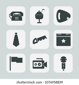 Premium set of fill icons. Such as electric, saw, phone, ice, music, construction, suit, fashion, internet, food, film, instrument, handle, video, mobile, strawberry, telephone, tie, string, vanilla