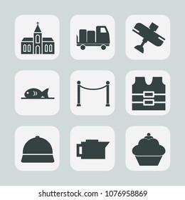 Premium set of fill icons. Such as delivery, catholic, doughnut, food, meat, drink, cake, safety, restaurant, transport, sweet, plane, espresso, seafood, protective, fence, aviation, fly, jacket, fish