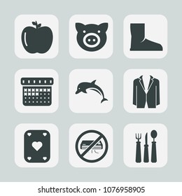 Premium set of fill icons. Such as healthy, hog, apple, dolphin, fresh, black, restaurant, boot, ocean, footwear, vegetarian, conditioner, calendar, air, piggy, day, pork, time, white, food, business