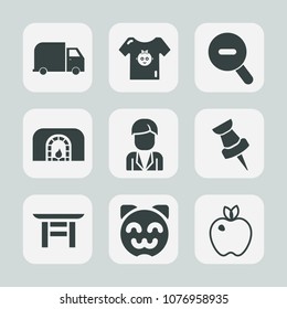 Premium set of fill icons. Such as pin, fruit, web, asian, man, kitty, torii, japanese, baby, sign, graphic, male, truck, transport, travel, fireplace, shrine, cat, minimal, clothing, map, service