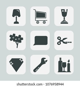 Premium set of fill icons. Such as sakura, tool, award, speech, gem, jewel, first, equipment, purchase, trolley, talk, cart, spring, blossom, lamp, wine, cherry, winner, table, interior, hammer, buy