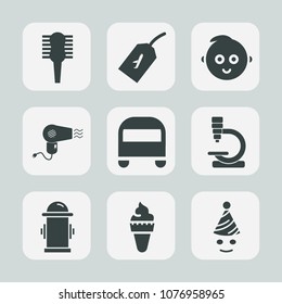 Premium set of fill icons. Such as sweet, birthday, cream, beauty, transport, female, research, fashion, celebration, happy, fire, microscope, dryer, tag, water, brush, hairdryer, fly, plane, clown