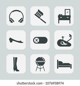 Premium set of fill icons. Such as deactivate, earphone, barbecue, hygiene, fashion, storage, bicycle, headphone, home, care, bed, footwear, fitness, furniture, grill, kitchen, technology, clean, room