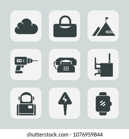 Premium set of fill icons. Such as sport, equipment, object, travel, astronaut, cosmos, screen, technology, tool, electric, construction, white, space, bag, table, web, science, work, mountain, mobile