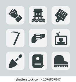 Premium set of fill icons. Such as robot, concept, firearm, transport, art, pistol, paintbrush, hammer, gun, business, musical, white, piano, television, identity, brush, hand, computer, technology