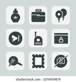 Premium set of fill icons. Such as briefcase, kitchen, perfume, picture, decoration, photo, luxury, food, pan, cooking, aroma, frame, internet, beauty, birthday, bag, celebration, balloon, female, no