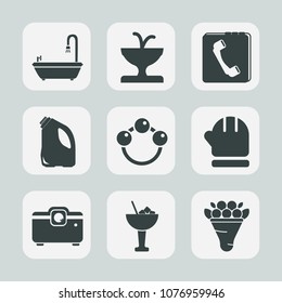 Premium set of fill icons. Such as projector, contact, floral, winter, rattle, infant, landmark, water, statue, container, warm, cocktail, sculpture, scarf, web, drink, bathroom, pink, architecture