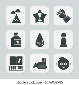 Premium set of fill icons. Such as drink, strategy, hygiene, construction, machinery, human, peak, award, dental, piece, water, finger, baby, drop, bulldozer, blue, game, top, equipment, people, music
