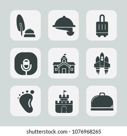 Premium set of fill icons. Such as sign, craft, spaceship, baby, waitress, white, woman, foot, ink, plastic, dinner, newborn, dish, waiter, fountain, black, technology, radio, architecture, music, bag