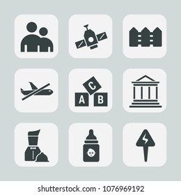 Premium set of fill icons. Such as spaceship, satellite, planet, bank, alphabet, plane, sign, people, group, restaurant, education, abc, flight, body, food, airport, man, airplane, money, orbit, fence