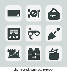 Premium set of fill icons. Such as shovel, knife, jacket, dinner, blackboard, equipment, wireless, open, food, blank, door, communication, radio, shop, sand, music, plate, school, kitchen, sport, fork