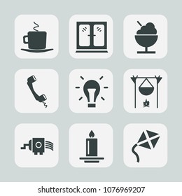 Premium set of fill icons. Such as fireplace, interior, cabinet, wood, light, icecream, espresso, cooking, cheese, cappuccino, home, mug, decoration, bulb, grater, leisure, kite, electricity, cream