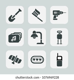 Premium set of fill icons. Such as care, technology, tool, shovel, robot, hammer, brush, home, mobile, health, station, file, paste, interior, toothpaste, hygiene, dental, cyborg, toothbrush, planet