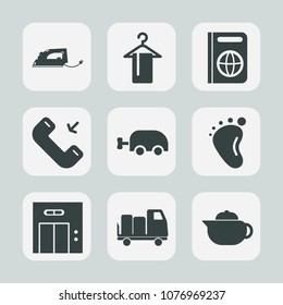 Premium set of fill icons. Such as delivery, entrance, breakfast, passport, tool, travel, teapot, clothing, hot, elevator, tourism, work, international, hanger, business, outgoing, equipment, newborn