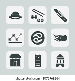 Premium set of fill icons. Such as cut, astronomy, diagram, object, shop, stats, japanese, sale, hat, restaurant, pattern, tool, cap, space, sushi, reminder, tower, seafood, sign, business, salmon