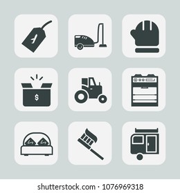 Premium set of fill icons. Such as tractor, domestic, equipment, package, bed, oven, agriculture, box, label, field, vacation, pack, farm, home, winter, sign, cardboard, care, fly, container, cleaner