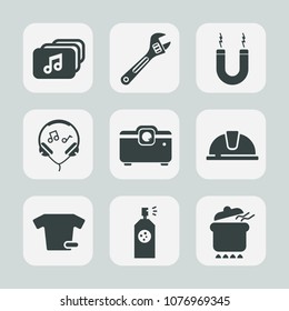 Premium set of fill icons. Such as clothing, spray, format, screwdriver, equipment, energy, listen, clothes, projector, document, magnet, spanner, construction, modern, internet, food, horseshoe, tool