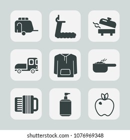 Premium set of fill icons. Such as music, van, electric, railway, transportation, jacket, meal, home, truck, dinner, clean, vehicle, household, trailer, gym, train, sport, car, apple, equipment, fruit