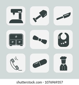 Premium set of fill icons. Such as phone, knife, kitchen, sewing, bow, metal, drawer, toy, gift, dinner, fabric, baby, white, needle, child, construction, restaurant, infant, office, rattle, medical