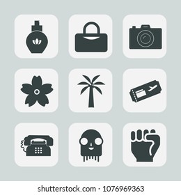 Premium set of fill icons. Such as bag, product, concept, sport, cosmetic, digital, photographer, photo, flower, sakura, finger, object, equipment, travel, cherry, people, luxury, fitness, air, ticket
