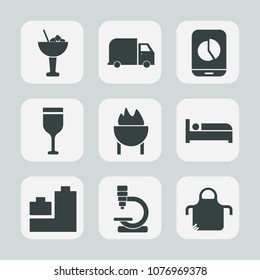 Premium set of fill icons. Such as microscope, lemon, pinafore, hotel, transport, drink, sign, alcohol, lime, meat, business, truck, food, bed, ball, biology, shipping, mobile, research, science, play