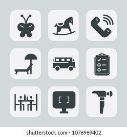 Premium set of fill icons. Such as bus, sunbed, wood, road, nature, child, restaurant, rocking, toy, horse, cute, summer, food, construction, animal, wing, computer, phone, baby, white, coffee, beach