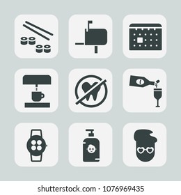Premium set of fill icons. Such as schedule, fashion, smart, mail, salmon, glass, health, food, day, hipster, white, kid, drink, box, red, healthy, dental, sushi, time, watch, dentist, roll, post, fun