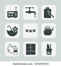 Premium set of fill icons. Such as party, tool, plumbing, sink, clean, faucet, kettle, technology, dinner, metal, radio, cold, kitchen, water, table, drink, equipment, holiday, media, fork, background
