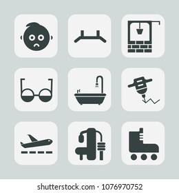 Premium Set Of Fill Icons. Such As Exercise, Sport, Portrait, Toilet, Gym, Airport, Skate, Child, Up, Fitness, Background, Banner, Travel, Eye, Sign, Equipment, Baby, Well, Sad, Face, Stone, Bucket